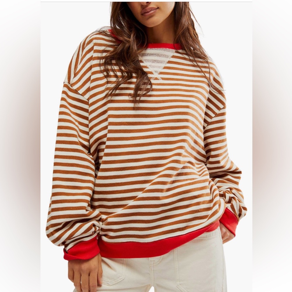 We The Free Free People Classic Striped Oversize Crewneck Medium Coffee Combo